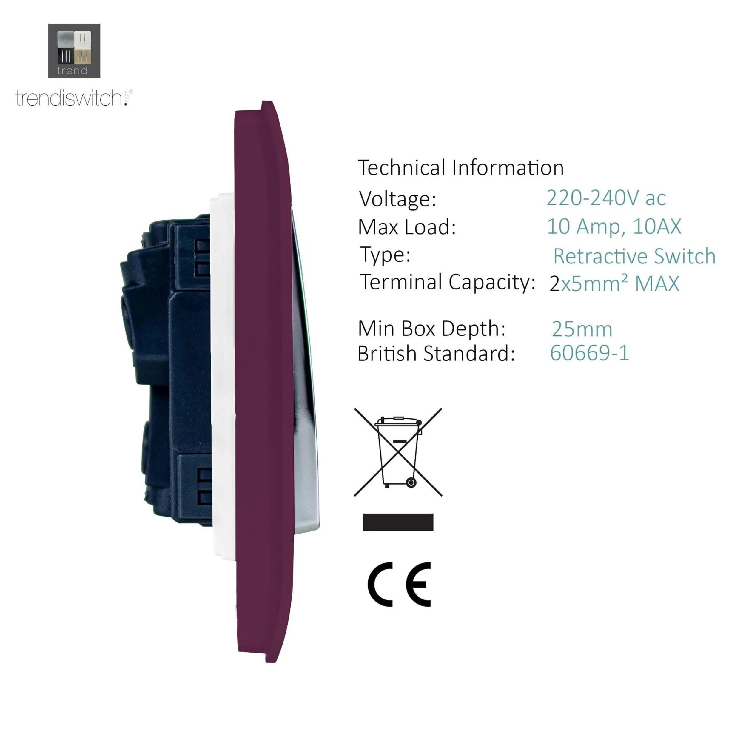 2 Gang Retractive Home Auto.Switch Plum ART-SSR2PL  Trendi Plum